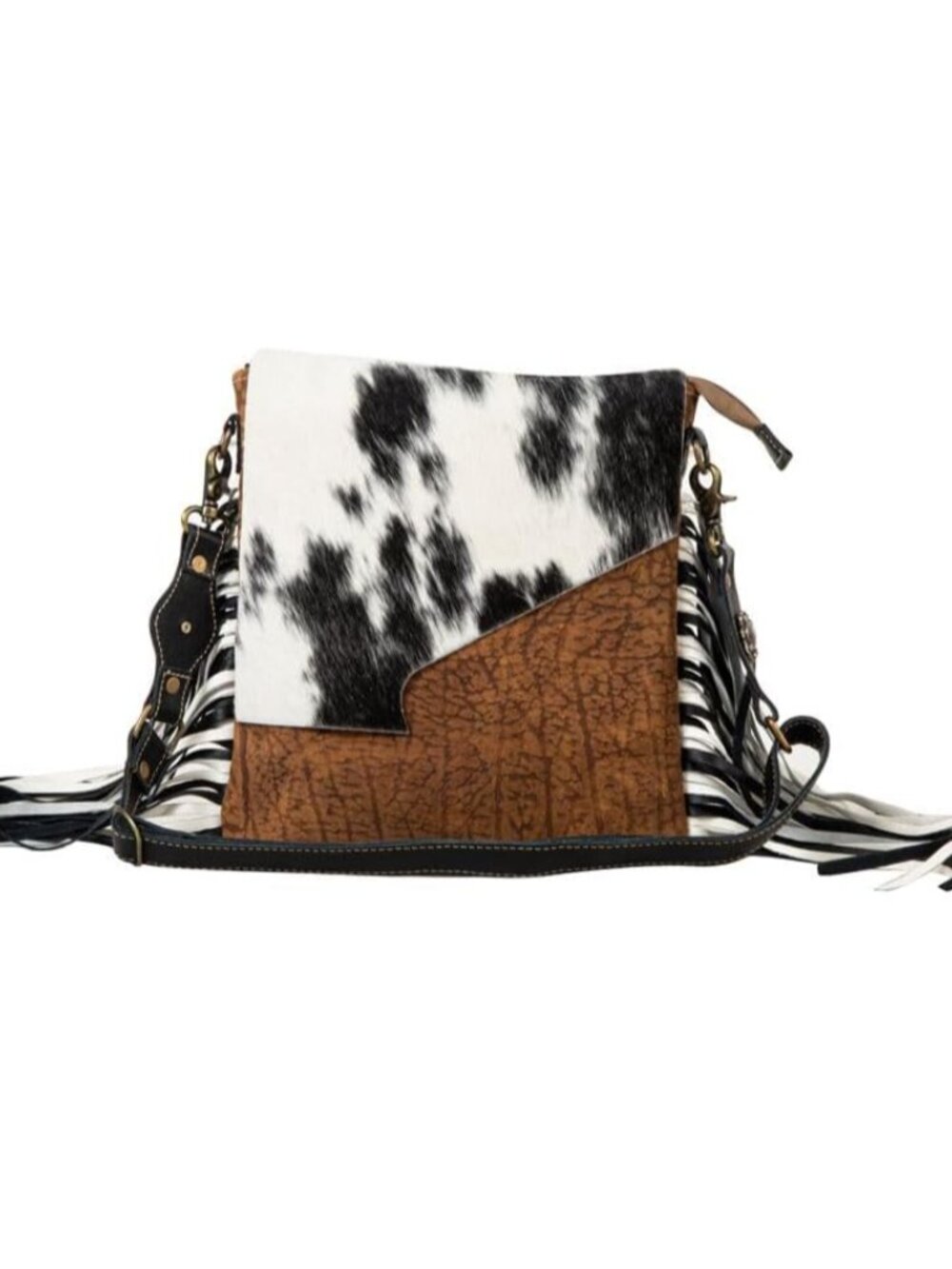 Western Leather Crossbody Bag for Women, Hairon Upcycled Flap Boho Bag with Tass